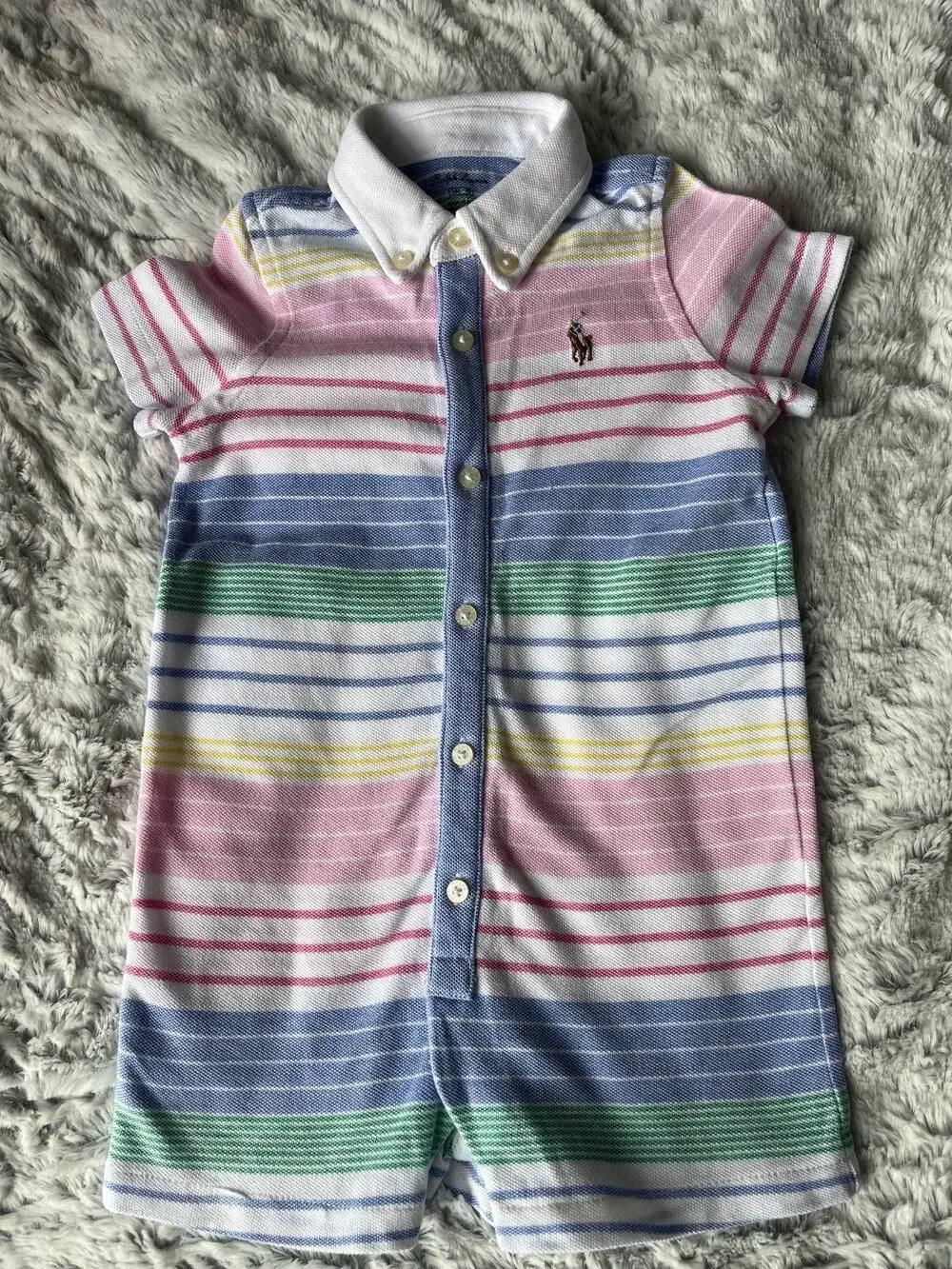 Polo Ralph Lauren Baby Boy 6M Multicolor Stripe Cotton Pique Romper Shortall